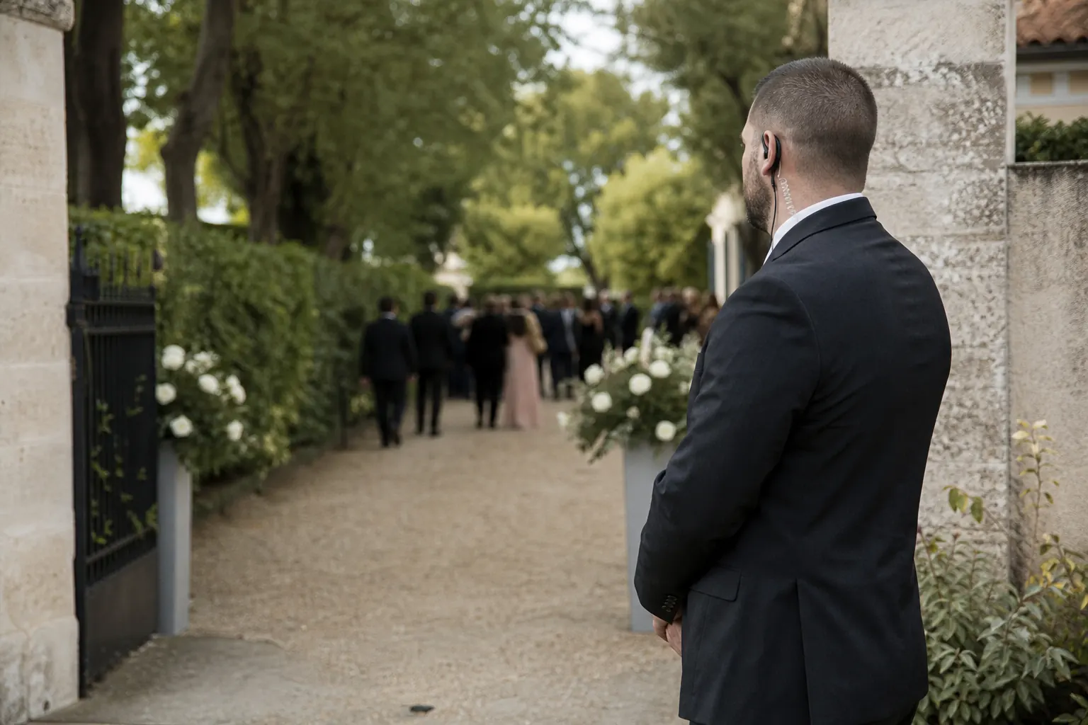 un agent discret à l'entrée d'un domaine de mariage, allée et fleurs