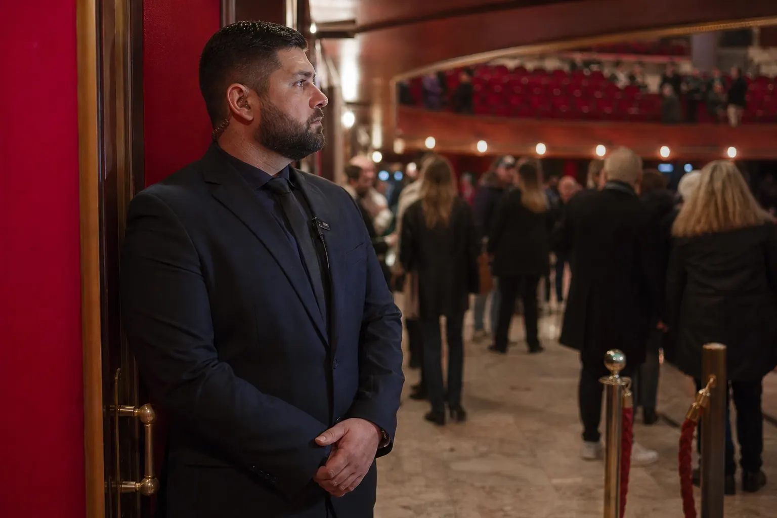 un agent dans le hall d'une salle de spectacle, fauteuils rouges flous