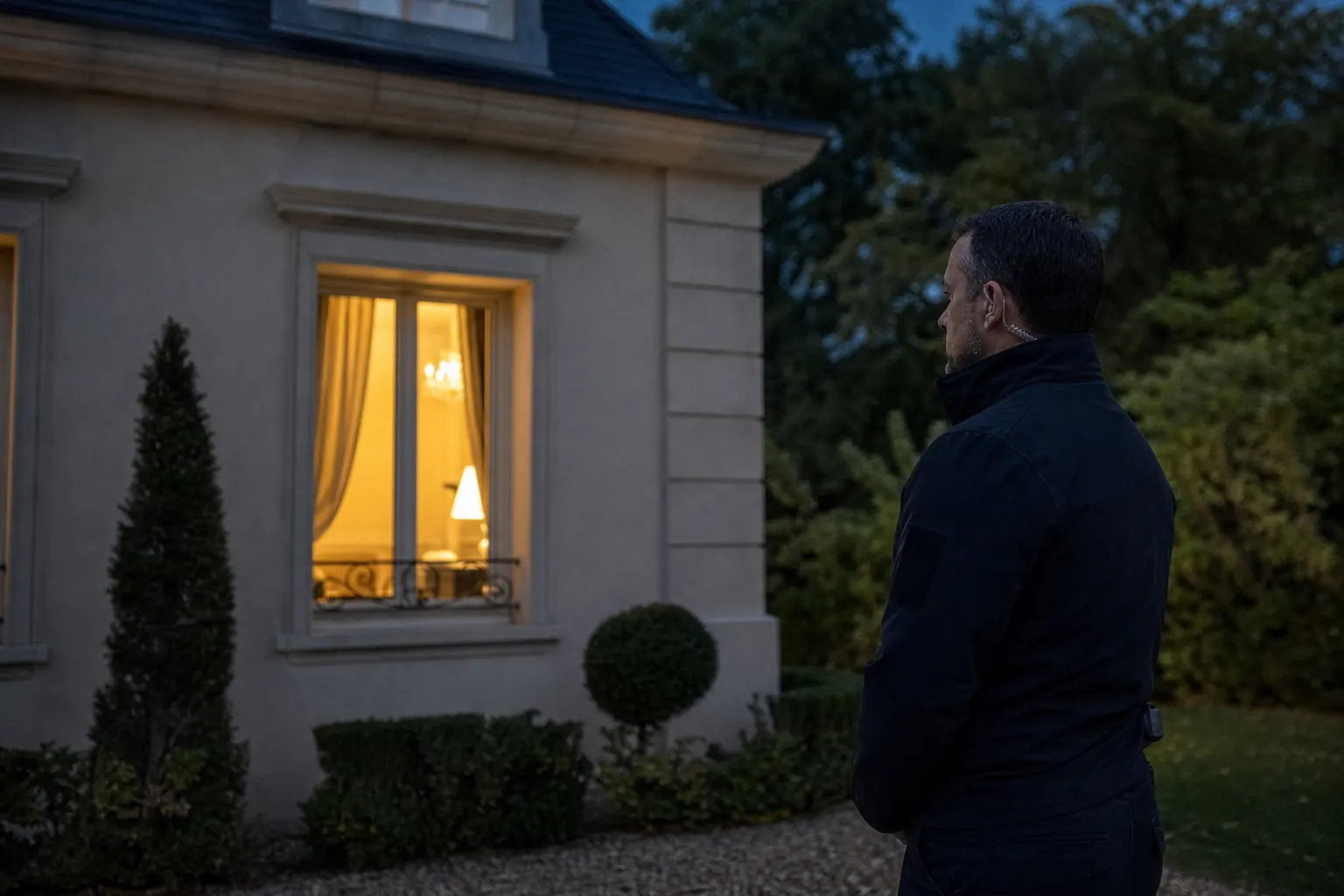 un agent devant une maison individuelle, fenêtre éclairée le soir