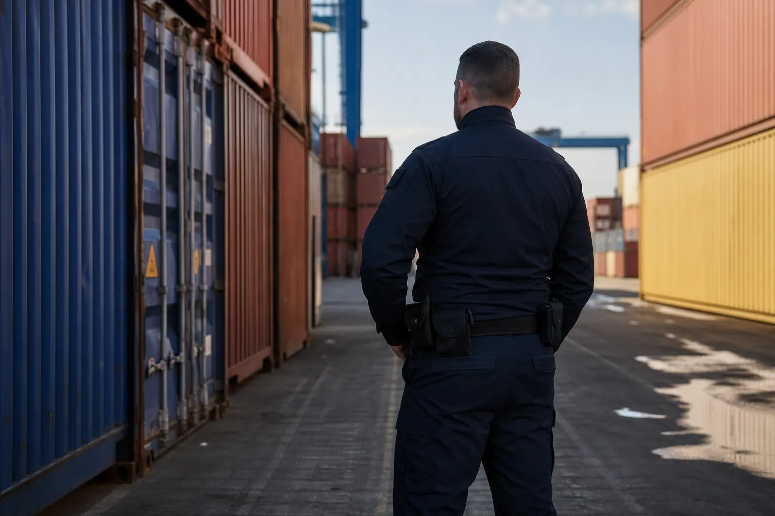 un agent entre des conteneurs colorés dans un port