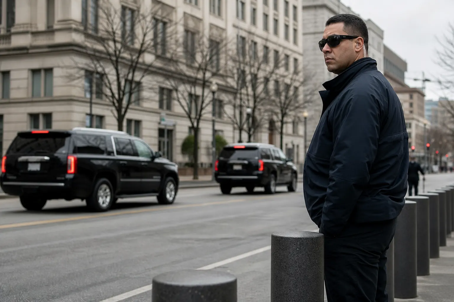 une rue américaine calme et un agent en veste sombre, aucune arme visible, aucune violence